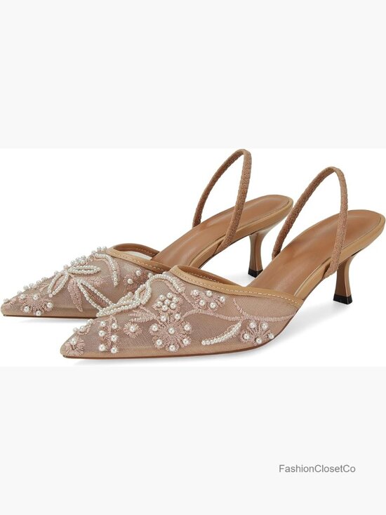 Shoes - Embroidered Mesh Pointed Toe Slingback Kitten Heel Sandals Wedding Shoes
